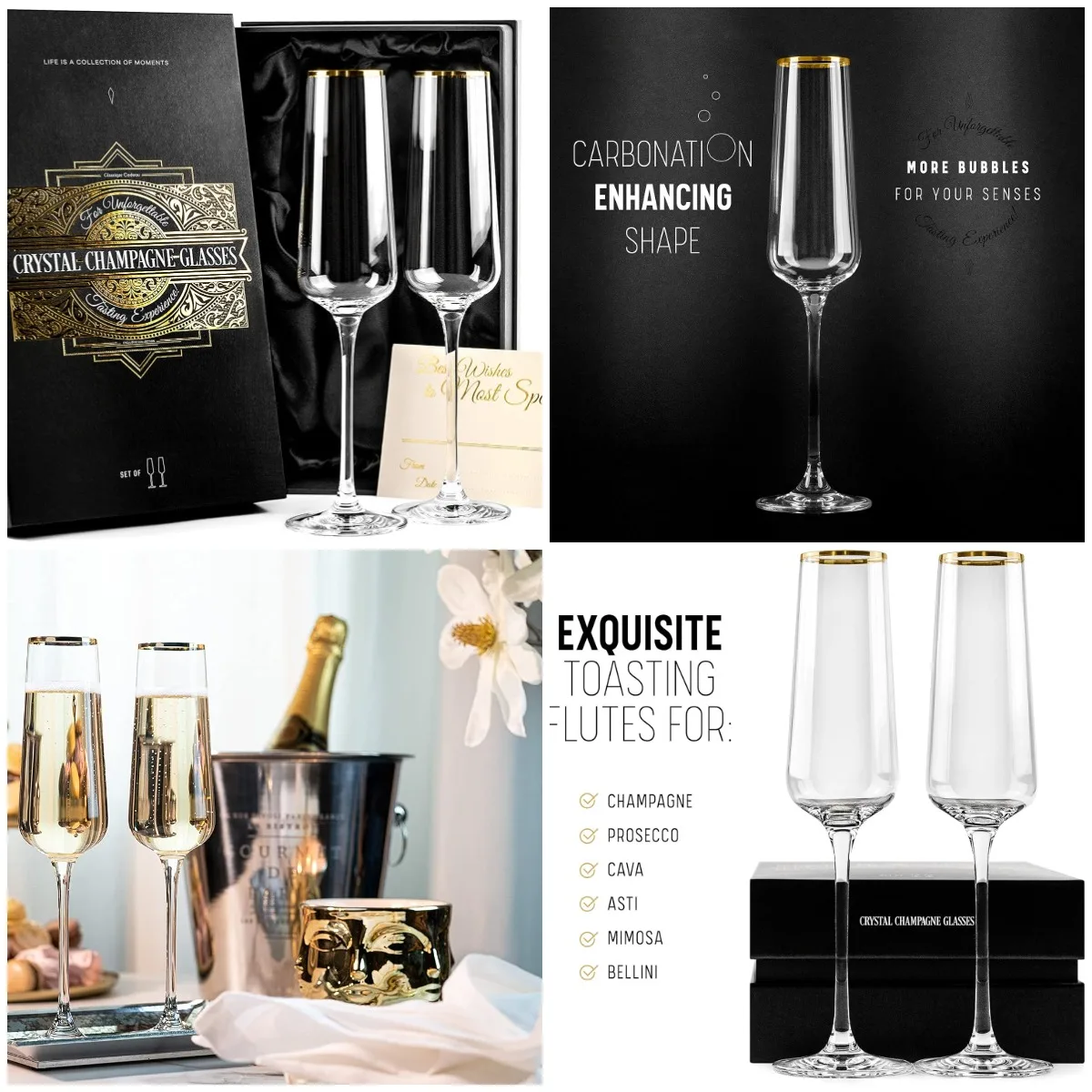 

Gold Rim Champagne Flutes Set of 2 | Crystal Square Toasting Glasses for Wedding, Anniversary, Birthday