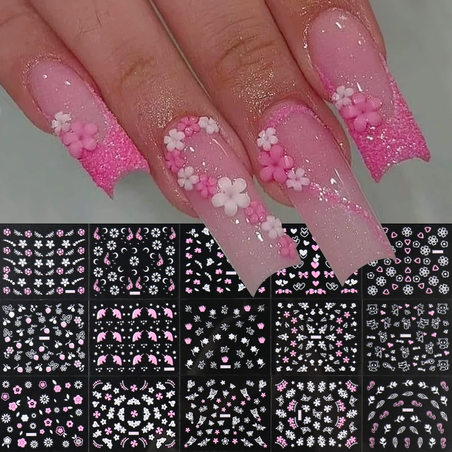 30 Stück 3D-Kirschblüten-Nagelaufkleber, rosa weiße Blumen, selbstklebende Abziehbilder für Nägel, Frühling, Sommer, DIY, Maniküre, Damenbedarf