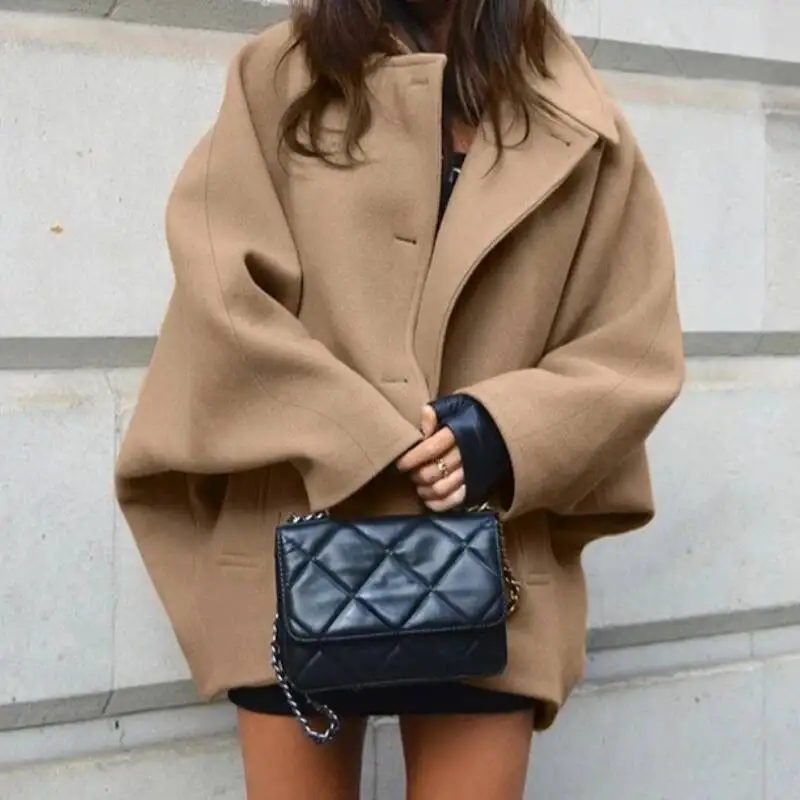 

2025 Autumn Fashion High-End Brown Woolen Collar Bat Sleeve Cardigan Jacket Commuter Women's Clothing