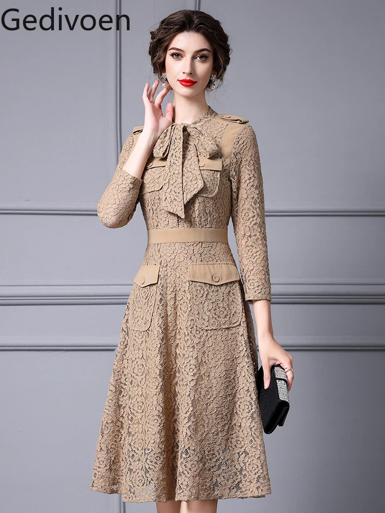 

Gedivoen Summer Fashion Runway New Designer Office Lady Style Department Leader Solid Lace-up Mature Lace Dress