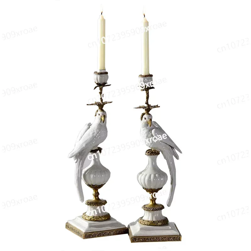 

Pure Copper Candlestick Ornaments Blue and White Ceramic Parrot Candlestick Porch Classical Home Living Room Crafts Ornaments