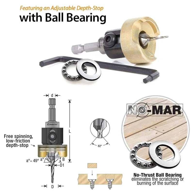 AEE6-Trapano per svasatore per la lavorazione del legno con punta per svasatore a profondità regolabile per punta per svasatore 3/8 X 3/32 X 1/4