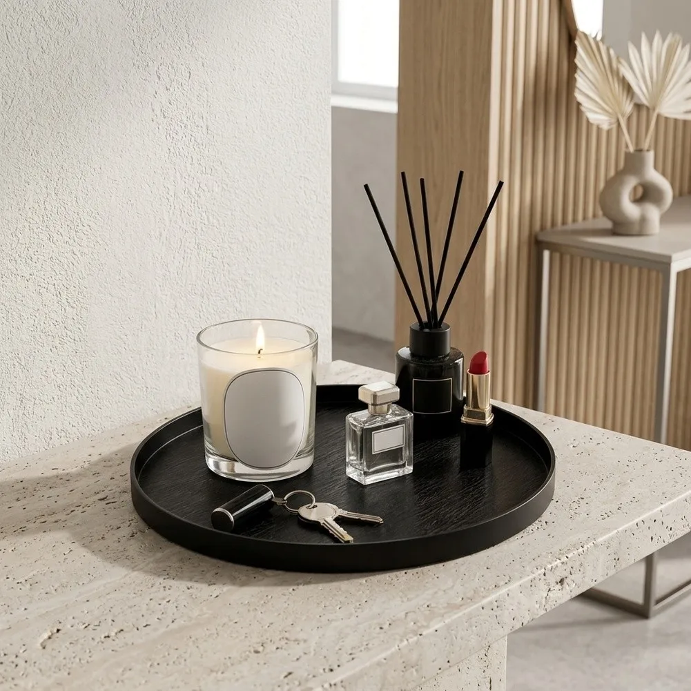 Set Of 2 Black Wood Round Trays Stackable Serving Platter For Coffee Table Vanity Organizer Home Decor Display Easels