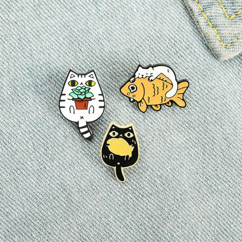 Plant Pines Bag Clothes Lapel Pins Cute Kitten Badge Jewelry Gift for Friends Cats and Fish Enamel Brooch Custom Funny Animal