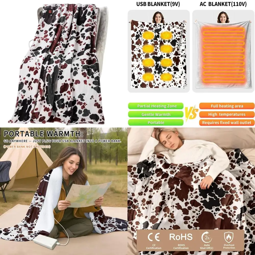 

3-Level USB-Powered Cow Print Throw Blanket, 50x60 Inches for Women