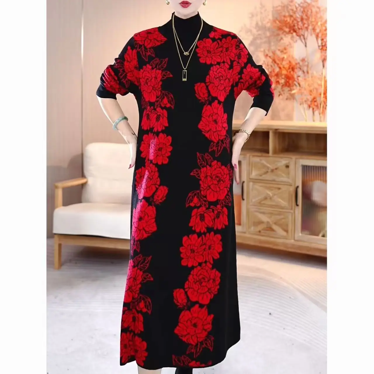 

Женская корейская винтажная роскошная одежда для выпускного вечера, осень-зима, красные вязаные пуловеры с цветочным принтом, 2025 элегантные облегающие праздничные свитера