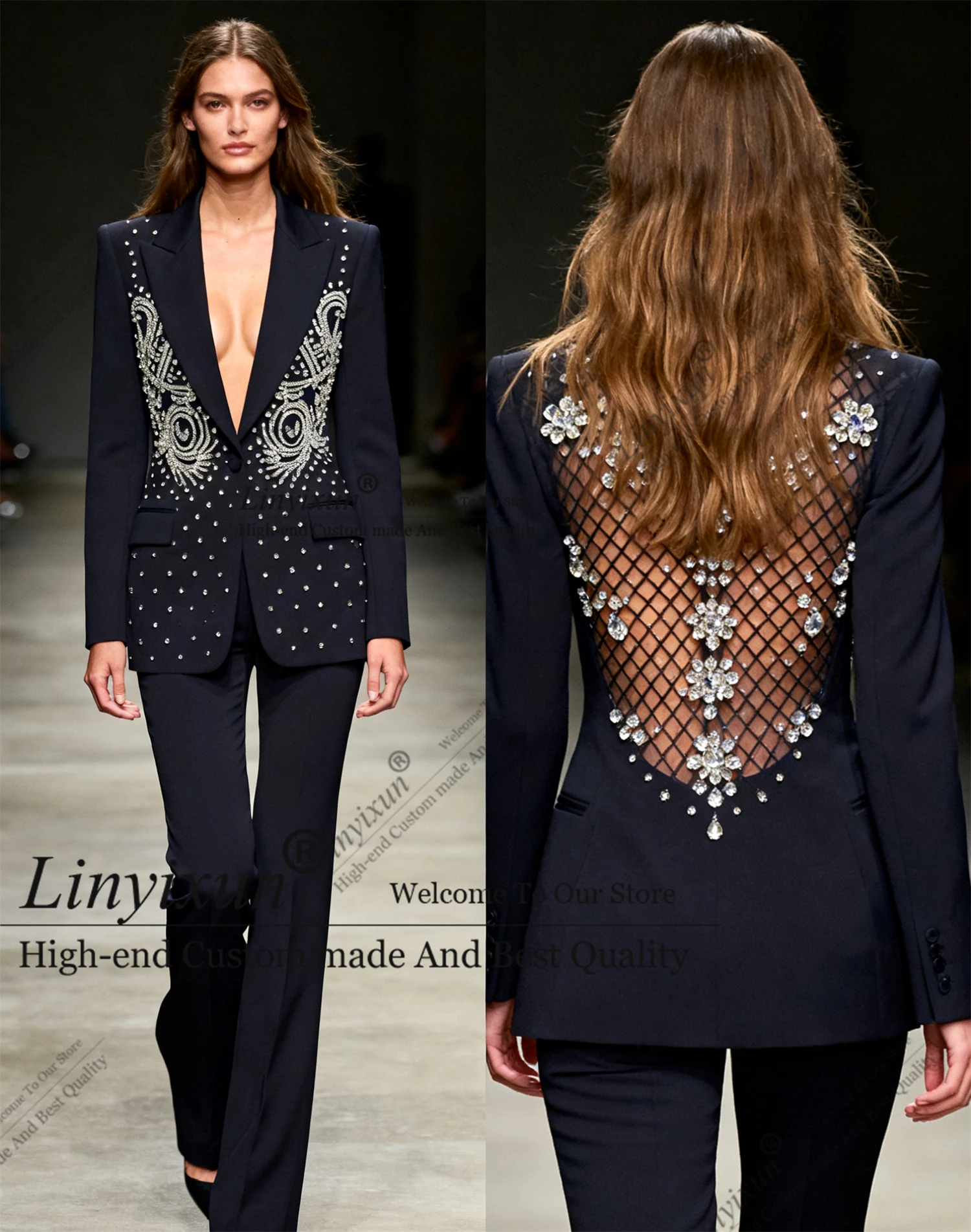 Customized Fashionable Shiny Diamonds Rhinestones Women's Slim Suit 2 Pieces пиджак женски Casual Womens Clothing Pa