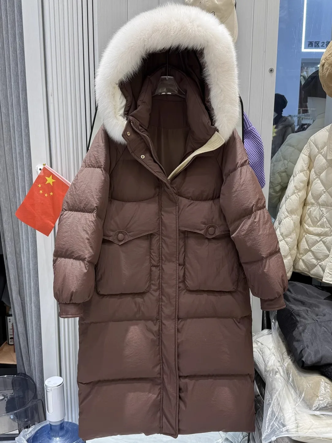 여성용 한국 루즈 후드 다운 재킷, 리얼 여우 모피 칼라, 두꺼운 루즈 화이트 덕 다운 재킷, 긴 겨울 신상