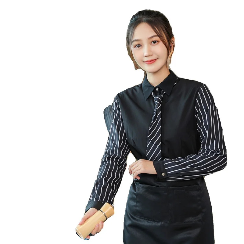 패스트푸드점 웨이터 유니폼 스트라이프 긴팔 커피숍 양식점 핫팟 카페 직원 상의
