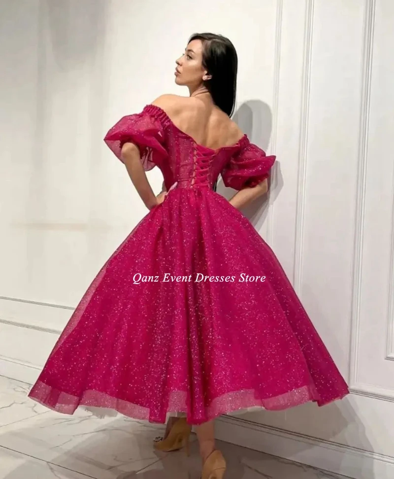 Qanz Off Shoulder Arabic Evening Dress Glitter Tulle Short Puffy Sleeves Formal Prom Dresses Birthday Party Gowns Customized