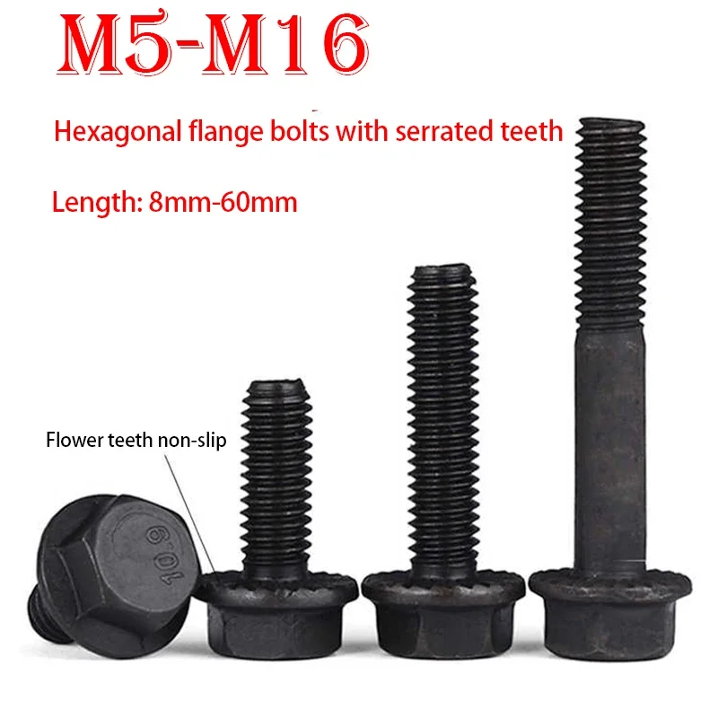 M5 M6 M8 M10 M12 M14 M16 Hardware Hexagon Belt Flange Screw Bolts Black Grade 10.9 Steel Bolt Fastening Screws