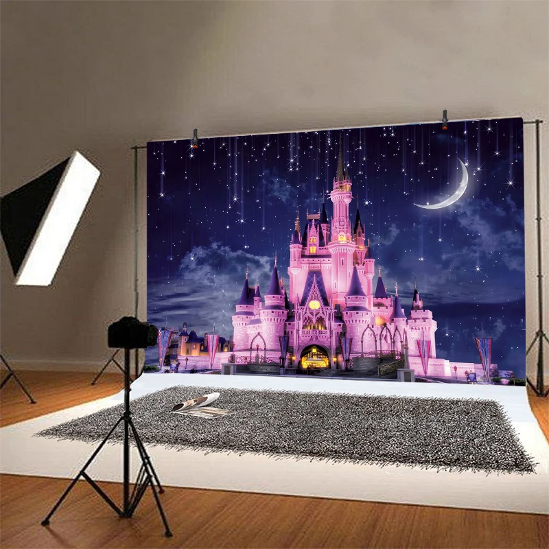 ของตกแต่งงานปาร์ตี้วันเกิดฉากหลังปราสาทเจ้าหญิงสำหรับเด็กทารกหญิง1คนภาพกลางคืนดาวดวงจันทร์สีดำสีม่วง
