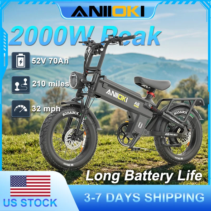 

2026 ANIIOKI Electric bike 2000W Peak Motor 52V 70Ah Long Battery Life Electric Bike 32mph 20"*4" Fat Tire A8 Pro Max AdultEbike