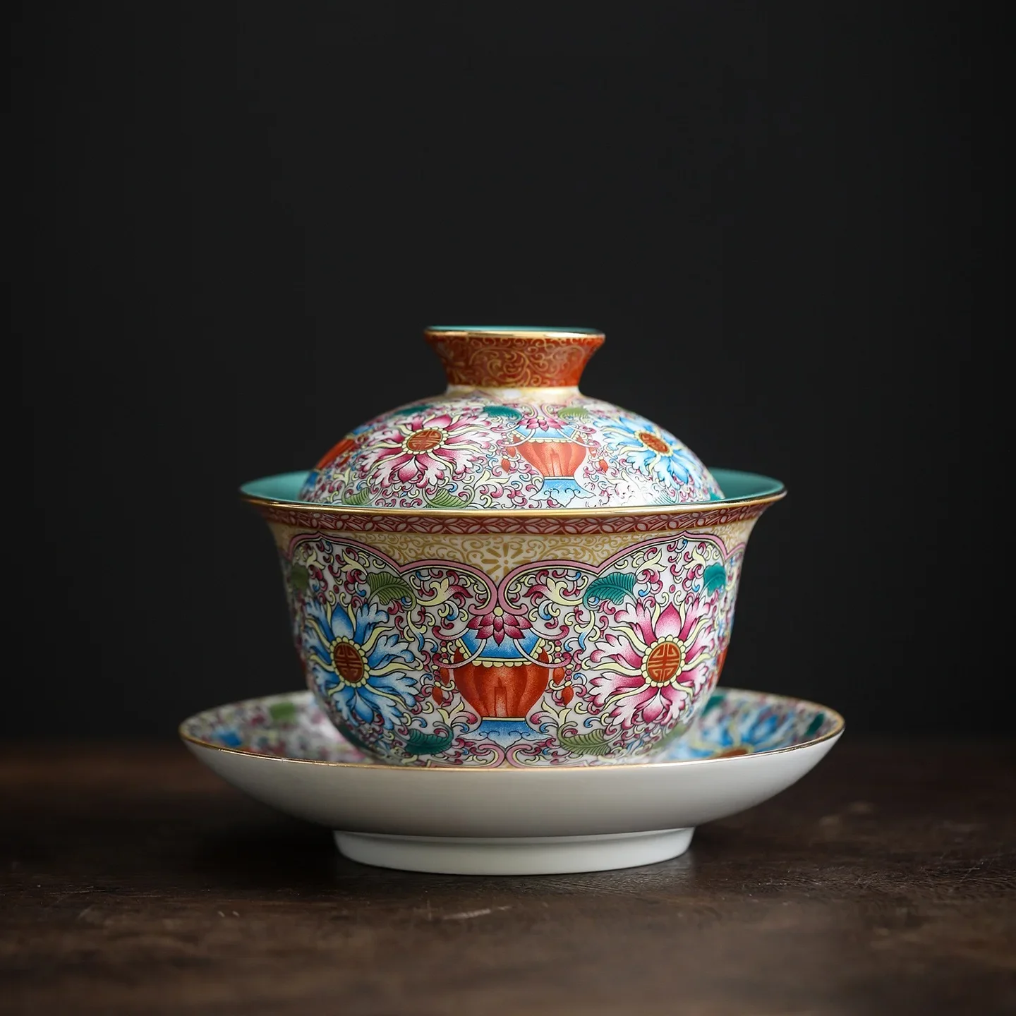 1PC High-grade Enamel Color Tangled Lotus Cover Bowl Household Tea Bowl Kung Fu TeaSet Ceramic Anti-scalding Tape Cover Tea Bowl