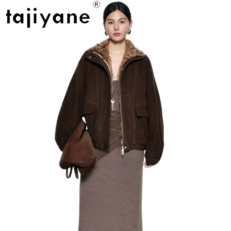 

Куртки TAJIYANE из натуральной козьей кожи с верблюжьим пухом, женские утепленные куртки с меховым воротником, короткие куртки из натуральной кожи, зимняя одежда 2026, новинка