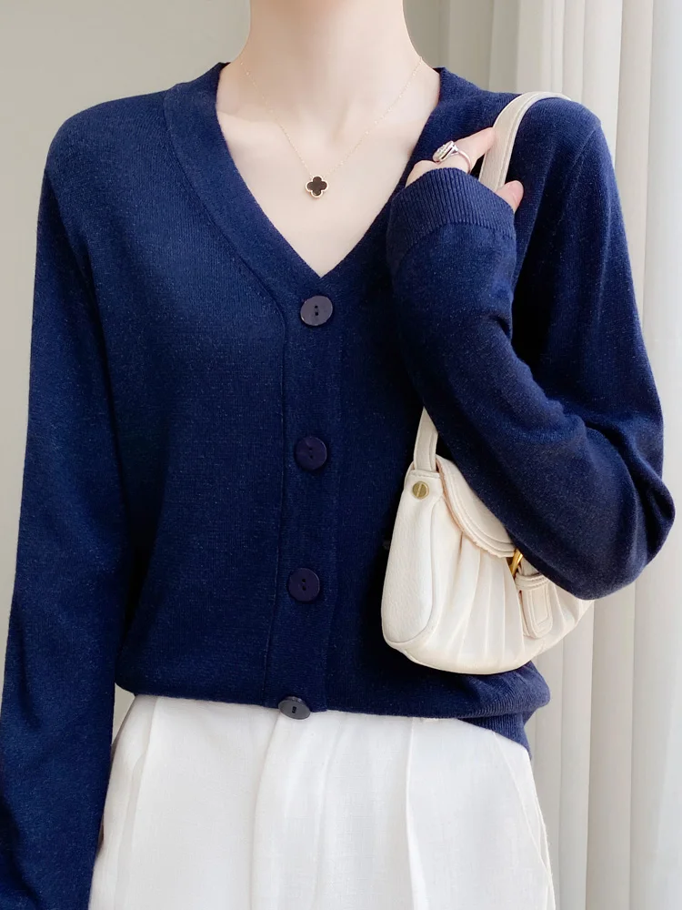2024 gold and silver silk worsted wool cardigan V-neck knitted cardigan loose casual coat single breasted sweater short sweater