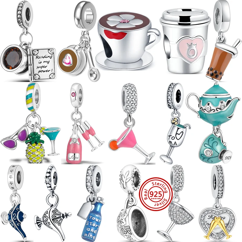 

925 Silver Murano Glass Bubble Tea Coffee Cup Teapot Goblet Dangle Charms Beads Fit Original Pandora Bracelet Women Fine Jewelry