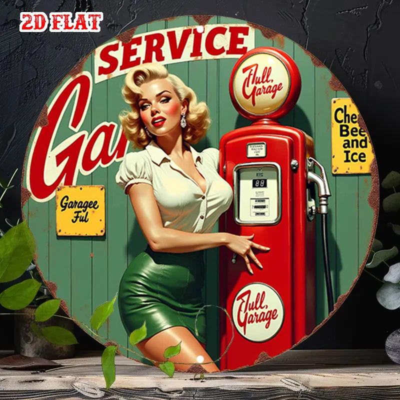 2D flach, 1 Stück Vintage Pin-Up Girl Gaspumpe Metallschild – Retro-Servicestation, Garagendekoration mit, blaugrünem und rotem Farbschema – langlebig