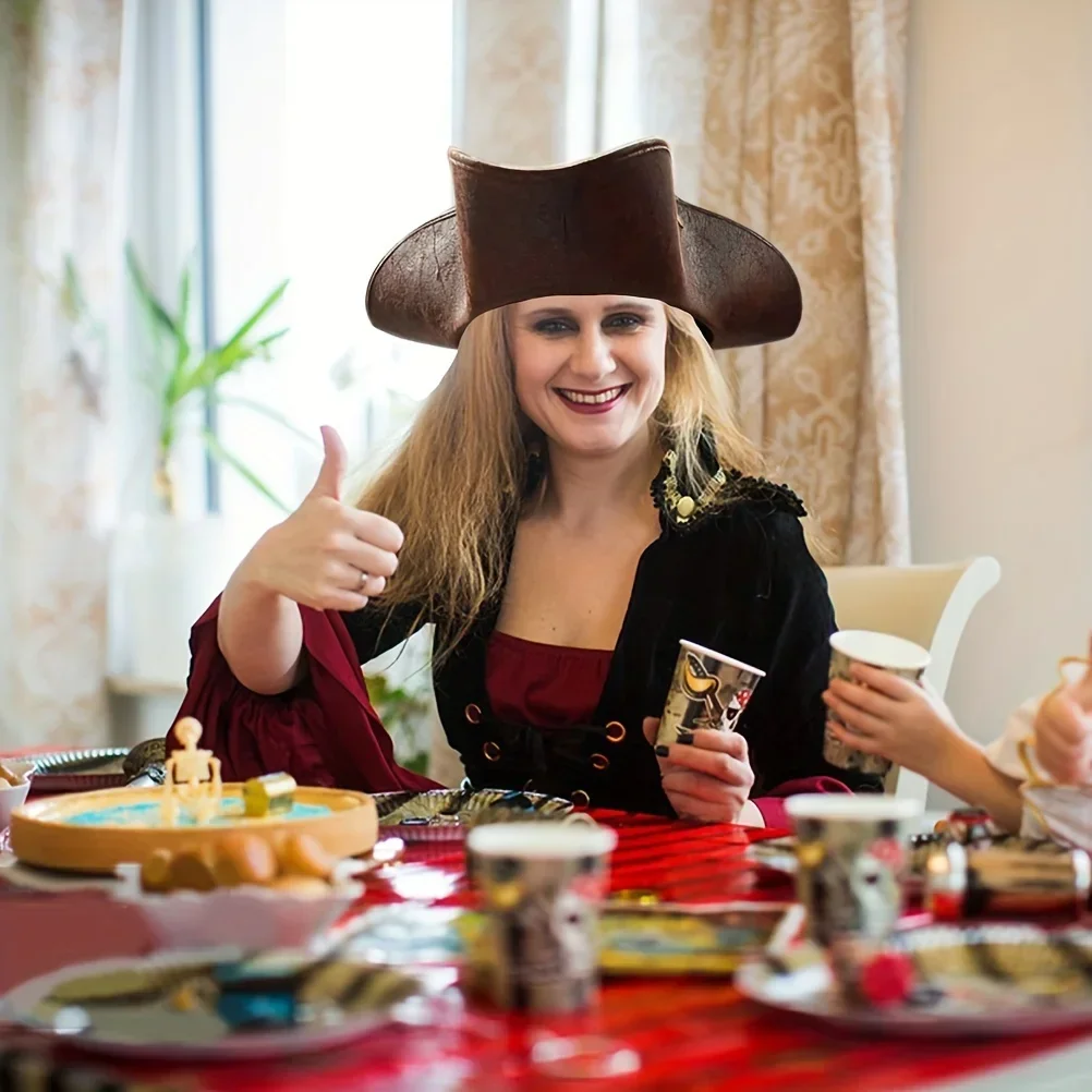 زي القراصنة، ملابس فاخرة، قبعة قرصان من الجلد الصناعي البني للبالغين، قبعة مثلثة للهالوين، إكسسوار زي قوطي #5