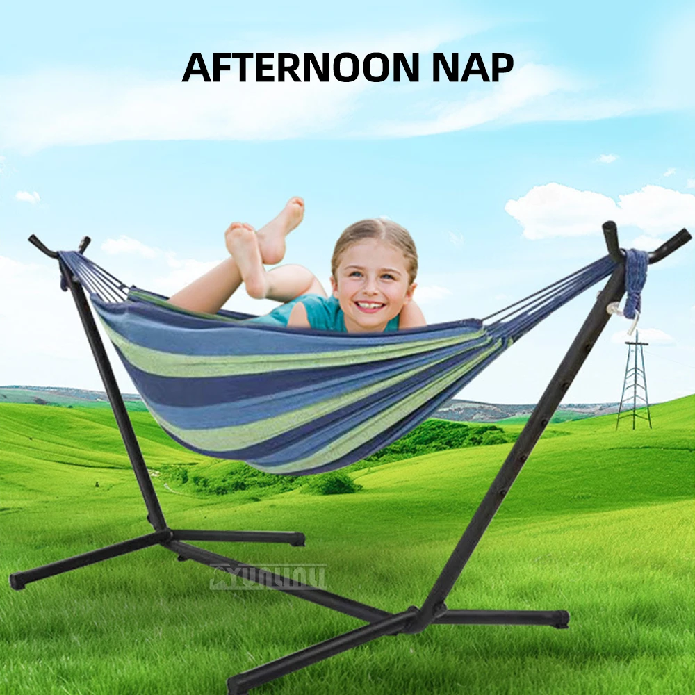 Hammock Yard Camping Outdoor Bed Portable Single Folding Hammock with Stand Cotton Rope Anti-rollover reast Hammock