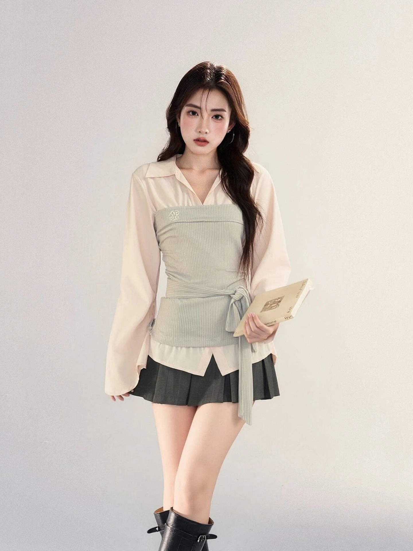 

Women's Spring Faion Set Casual Breathable Long Sve irt And Wide Leg Pants Color Blo Waist Cinched Two Piece Suit