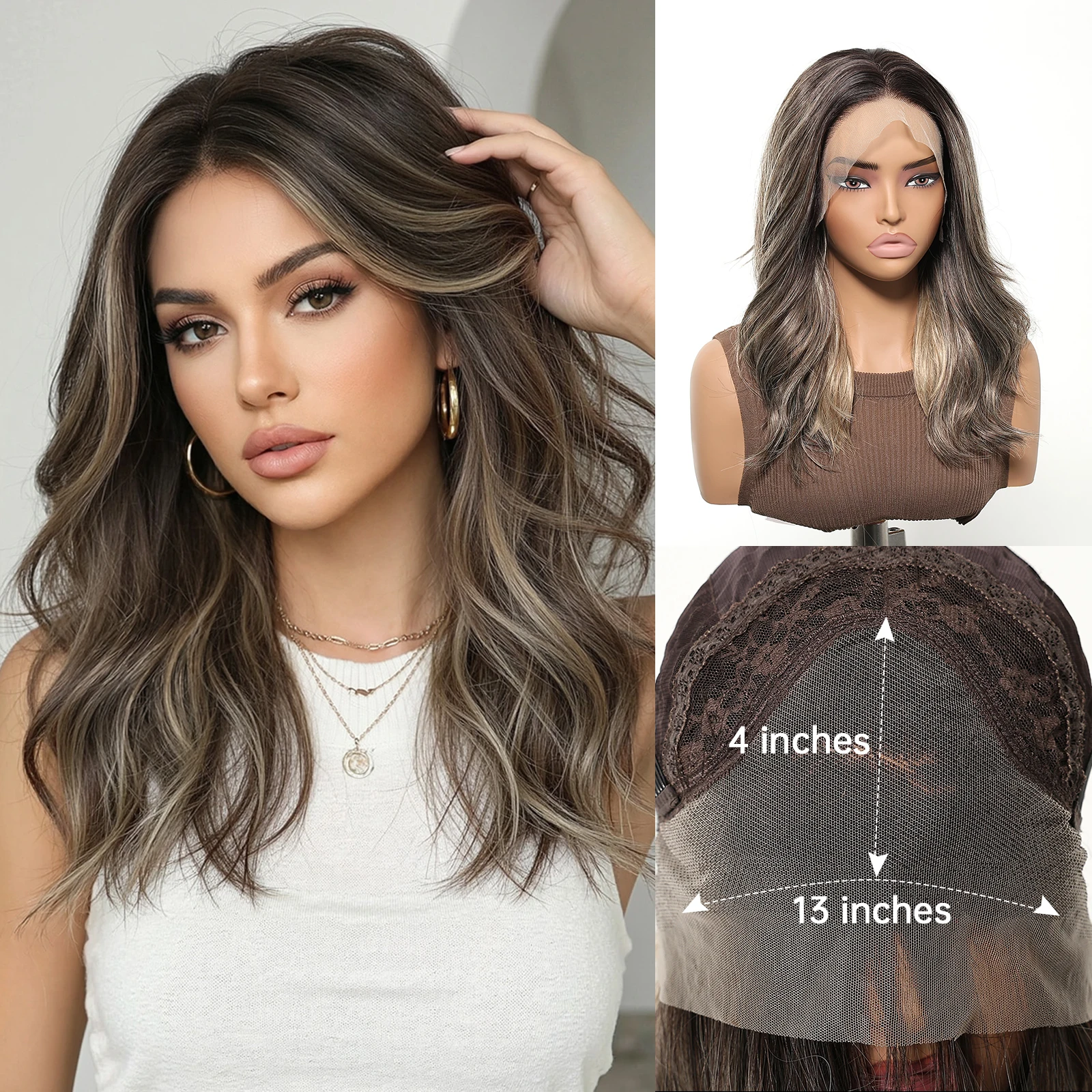 

DWY Dark Brown With Blonde Highlight Synthetic Wigs for Women Medium Length Wavy Curly Wigs Natural 13*4 Lace Frontal Wigs Hair