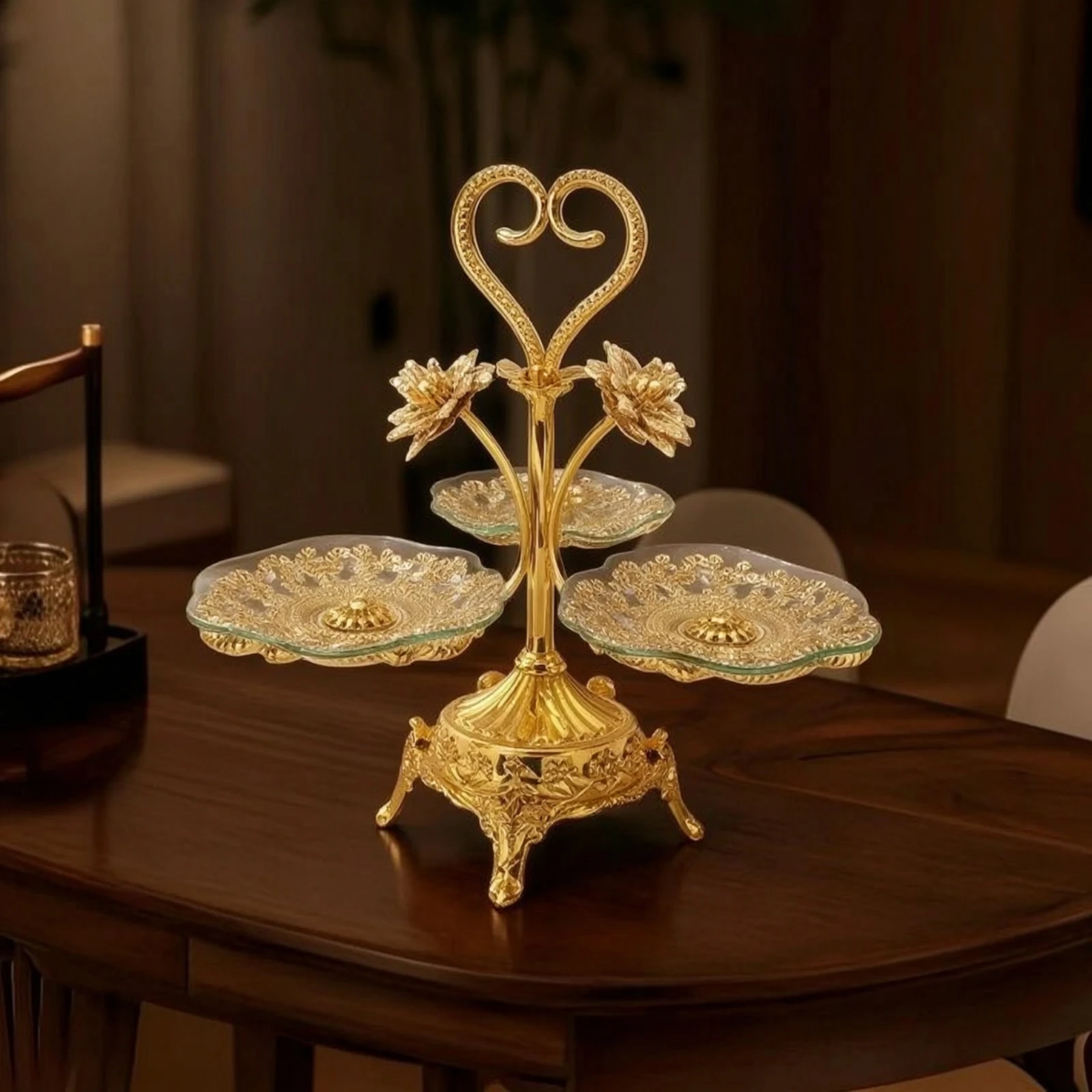 Fruit Stand with Glass Trays Filigree Dessert Stand with Metal Frame Ornate Dessert Stand Scalloped Heart-Shaped Tray Tiered - view 4