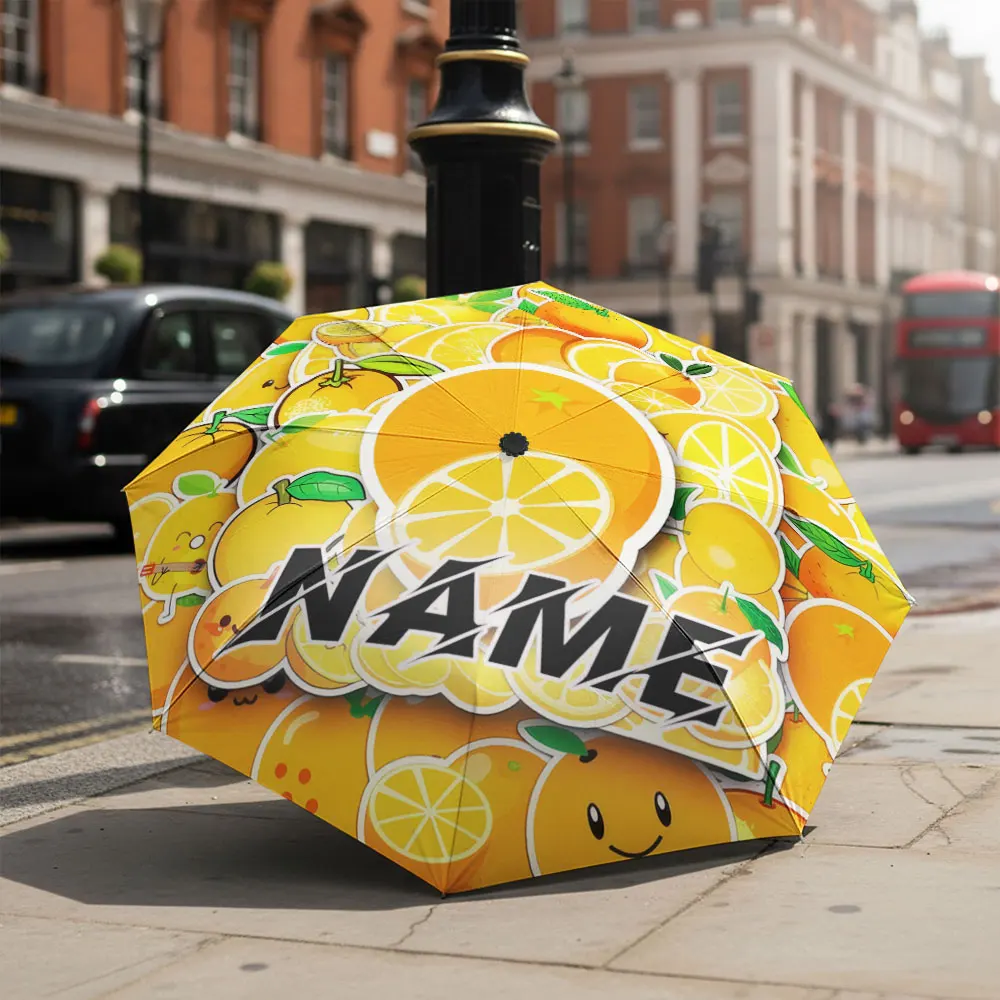 Custom Name umbrella, Colorful Cartoon Citrus Pattern Umbrella Design Fashion Folding Umbrella for Daily Use, Christmas Gift