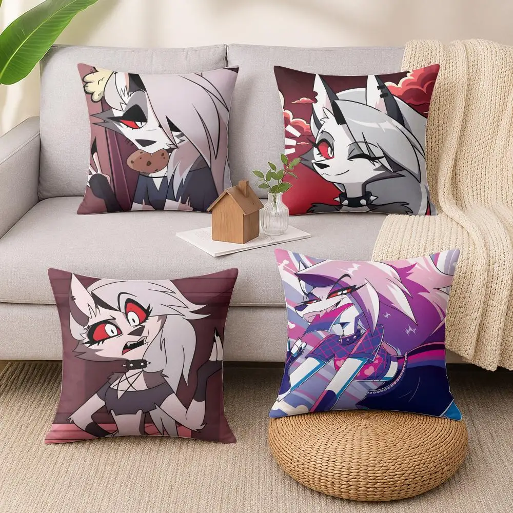 Cartoon H-Helluva Boss Loona Cushion Cover Wrinkle-Resistant Short Plush Cushion Covers Breathable Machine-Washable