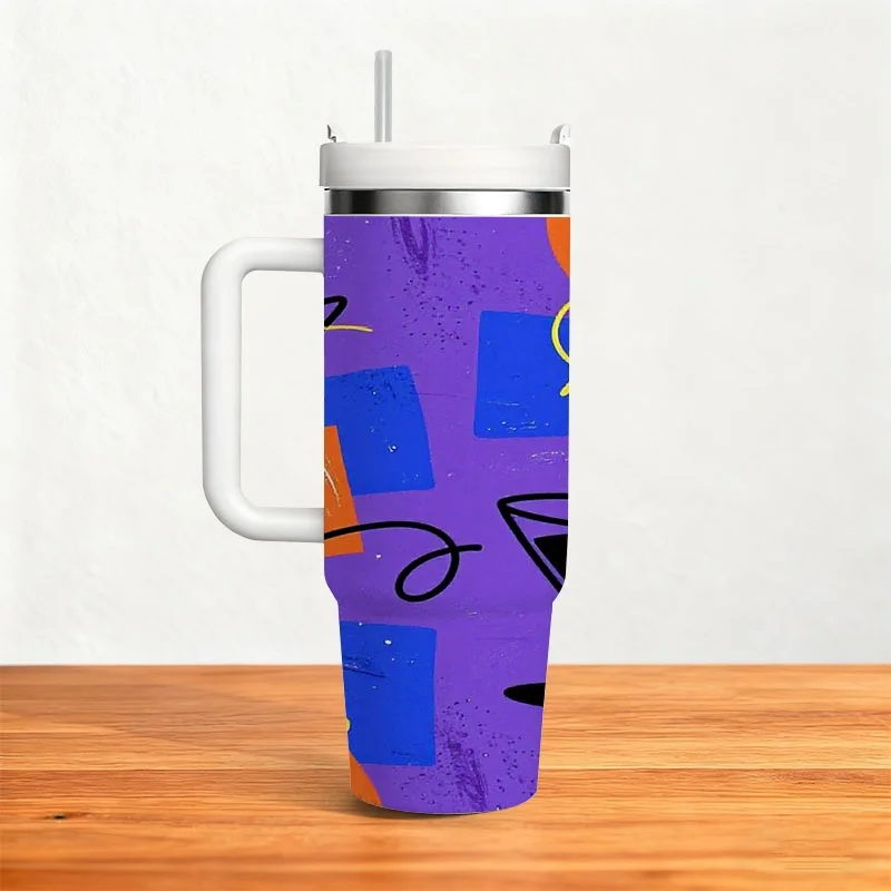 Vibrant Abstract Art 40Oz Stainless Steel Insulated Tumbler, Digital Print with Purple Background, Bold Orange & Blue Shapes, Playful Martini Glass Pattern, Insulated Cold & Hot Drink Cup for Daily Commute, Office & Outdoor Use