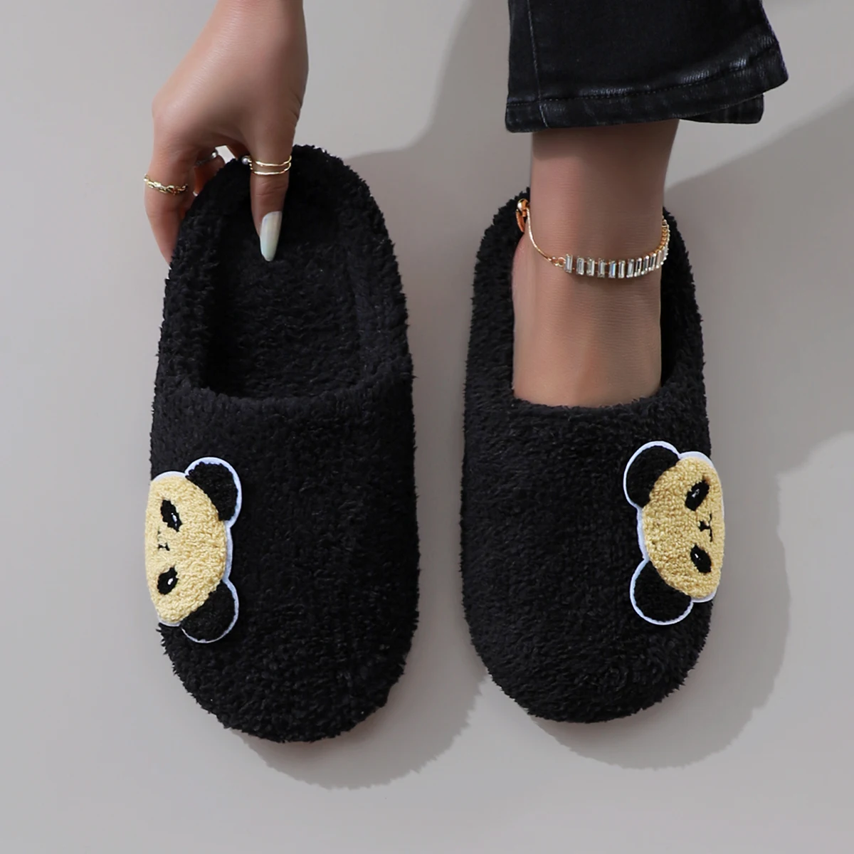 Cute Cartoon Embroidered Panda Plush Silent Soft-Soled Women's Home Slippers Floor Socks Slippers image 3
