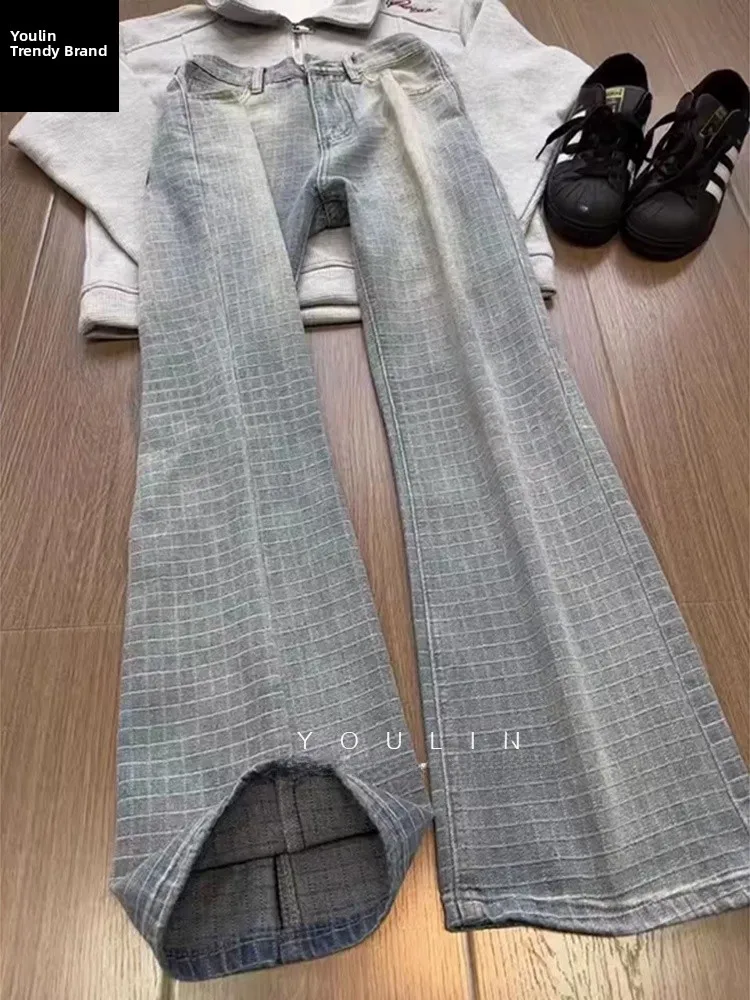 

Light Blue Plaid Men's Jeans High Waist Straight Leg Micro Flared Pants Autumn Winter Fashion High Street Slimming Effect