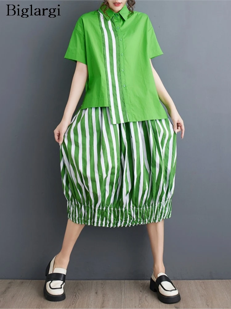 

Летний полосатый комплект из двух предметов, женская модная женская укороченная рубашка нестандартной формы, свободная повседневная плиссированная женская юбка