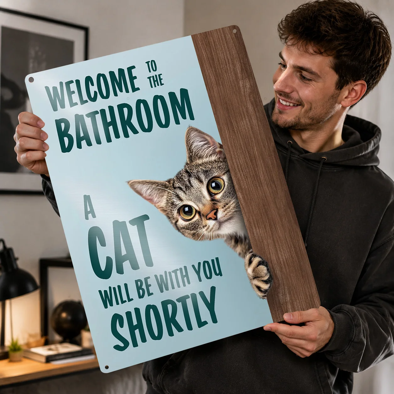 Cat Peeking in Bathroom 3D Printed Texture Poster Personalized Wall Art Retro Metal Tin Signs for Decor Room Decoration Items