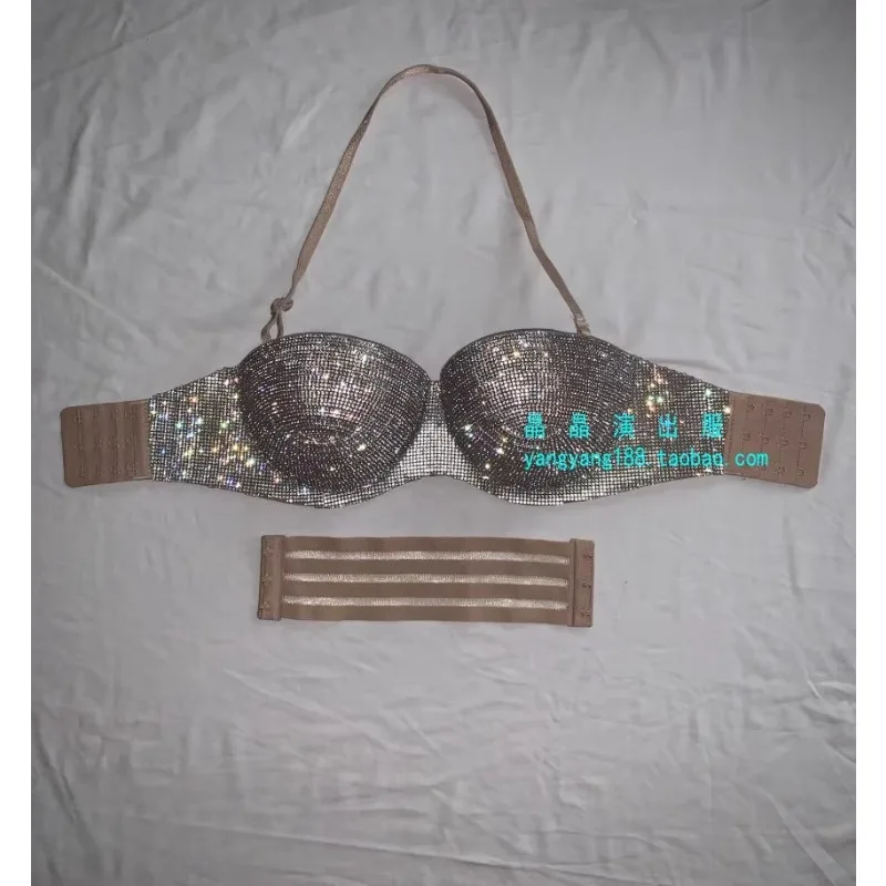 

customized black iridescent gathered gold thickened full A diamond top text nightclub bar performance outfit lingerie