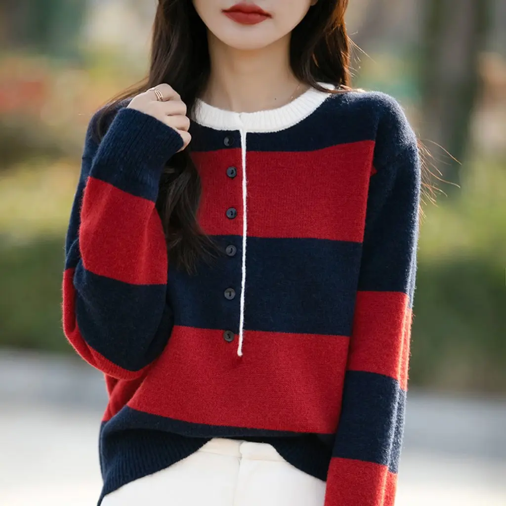 

Women's round Neck Striped Sweater Long Sleeve Soft Waxy Warm Pullover Fashion Base Shirt for Autumn Winter Color Matching