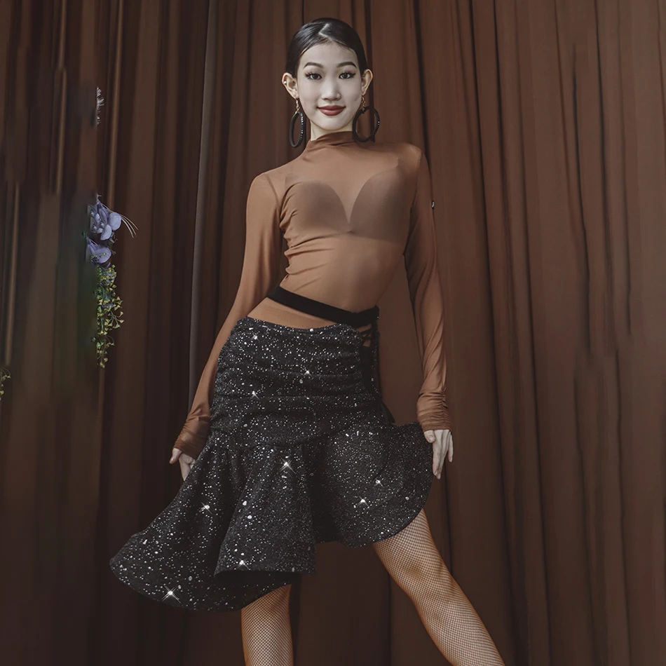 Robe de danse latine à manches longues, body Sexy, jupes noires, ensemble Cha Cha Samba Rumba, vêtements de danse pour spectacle sur scène