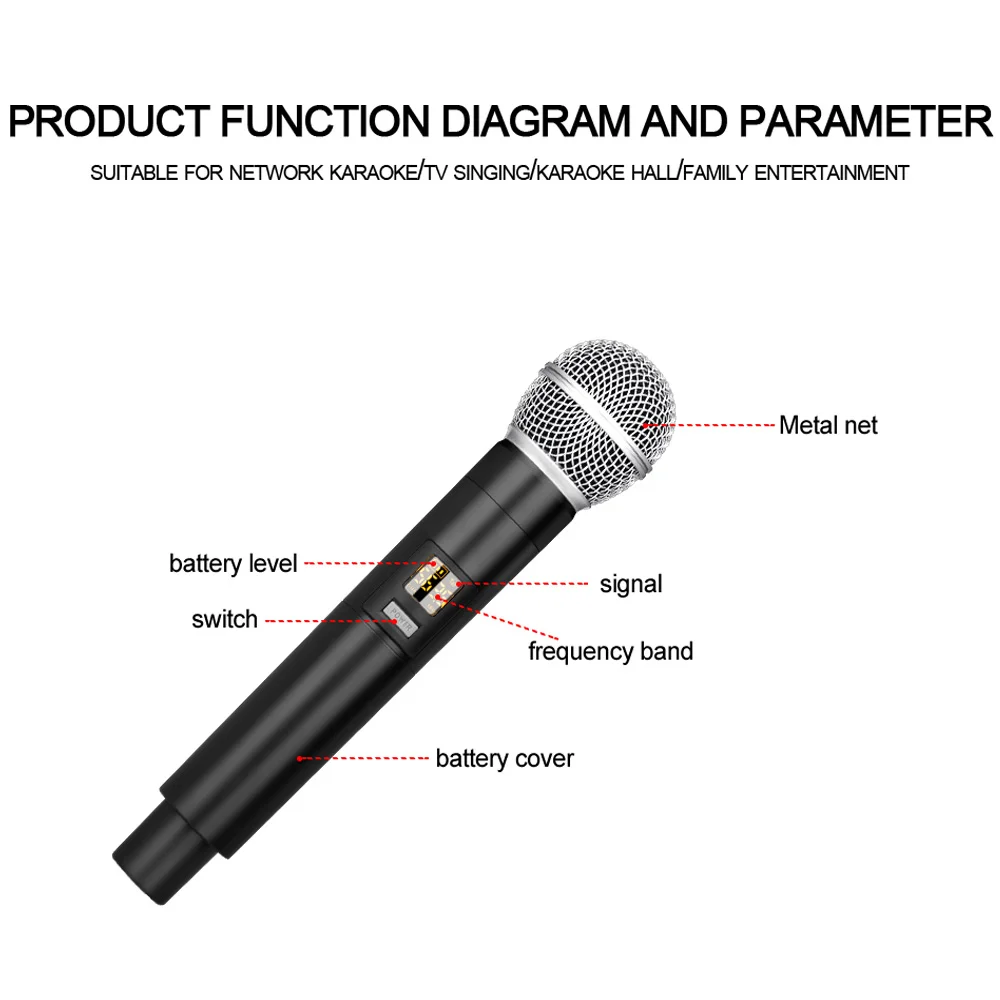 T10 Professional Dynamic Microphone 2-Channel Portable Wireless Handheld with Cardioid Polar Pattern for Karaoke