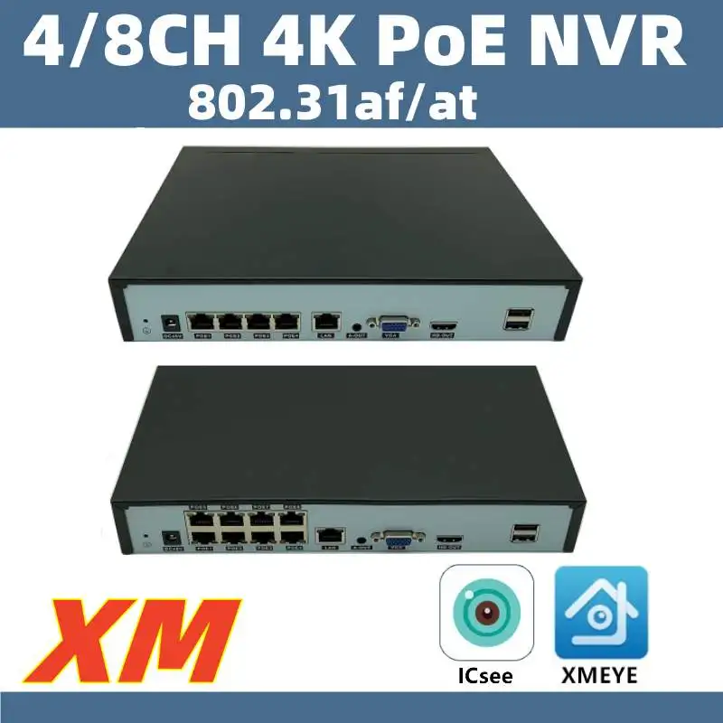 4/8CH 4K PoE Ports NVR 802.3af/at H.265 Network Digital Video Recorder For IP Camera ONVIF VMS XMEYE ICsee 1 SATA  P2P RTSP