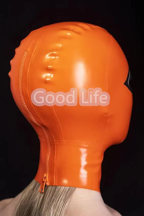 Sexy Orange  Latex Hood With Black Trim  Mask Fetish Open Nose Eyes Mouth Back zipper