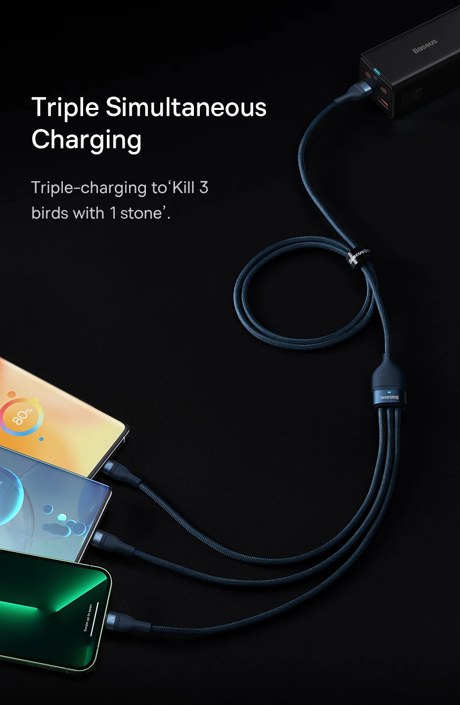 Cable USB Tipo C 3 en 1 Baseus, Cable de Carga Rápida de 100W para Honor 50 Pro, Cargador para Teléfono Xiaomi Samsung, 