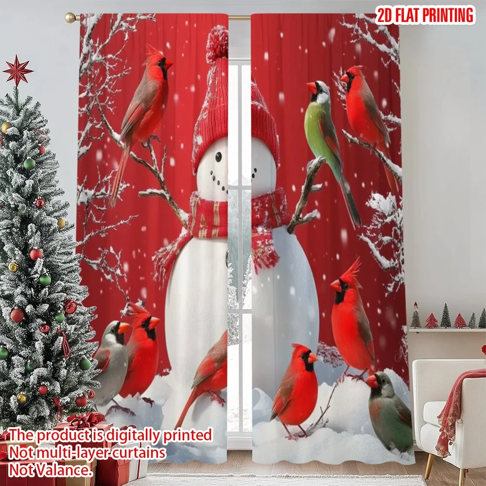 

2pcs 2D flat printing Christmas Hot Curtains Snowman and Red Bird Christmas Digital Printed Polyester Drapes Non fading Birthday