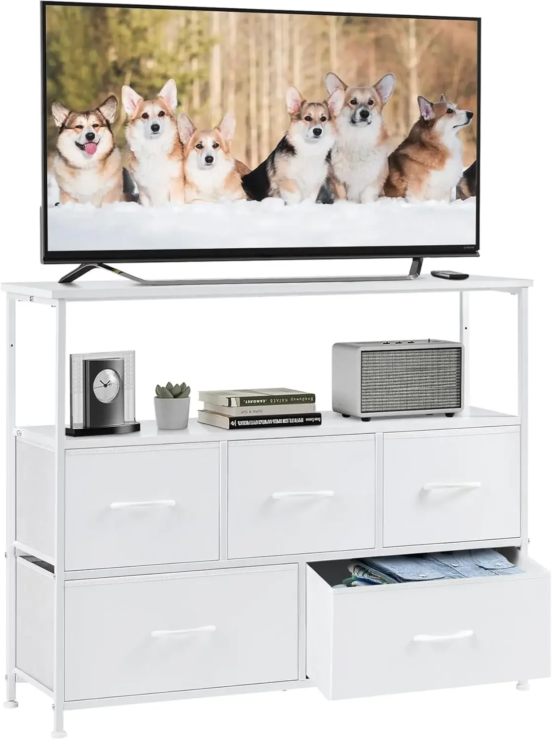 

TV Stand Dresser for Bedroom Entertainment Center with 5 Fabric Drawers Storage Organizers Units, Media Console Table, White