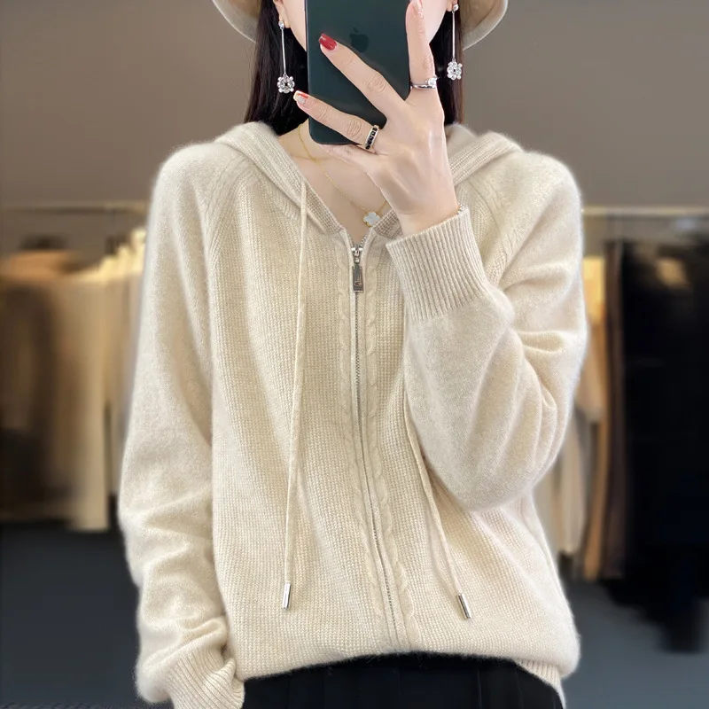 

New Knitted Cardigan Korean Women's Blended Wool Hoodie Double Zipper Hoodie Sweater Jacket