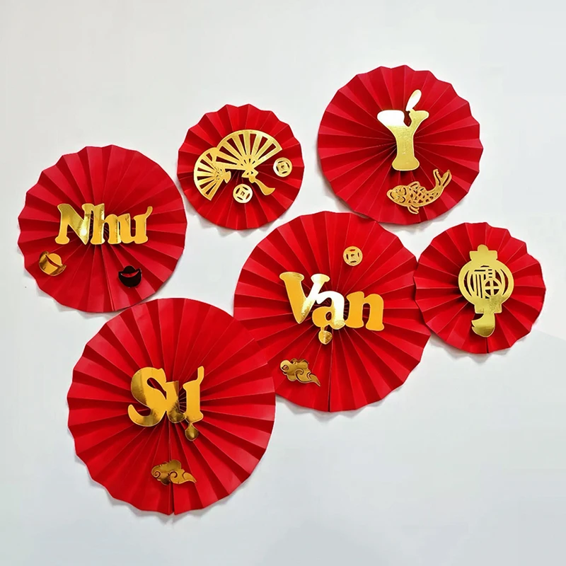 Vietnamese Spring Festival Decorations New Year Paper Fans and Flowers Hanging Ornament Suitable for Holiday Living Room Display