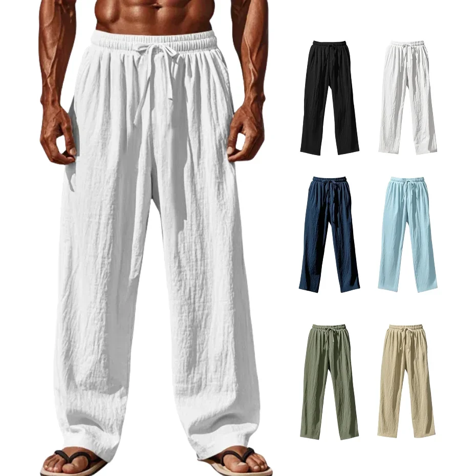 

2025 New Men's Linen Casual Pants Simple and Comfortable Straight Leg Pants Waist Drawstring Plus Size Looser