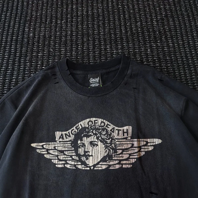 High Street Saint Vintage Washed Angel Graphic Long Sleeve Tshirt Men Women Casual Fashion T-shirts