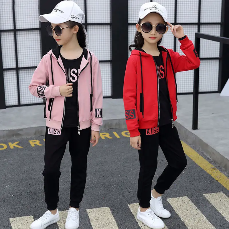 Children\'s Hooded Cotton Tracksuit Girls Fashion Cartoon Zipper Three Piece Teenage Kids Clothes Sets Spring Autumn 11 12 Years