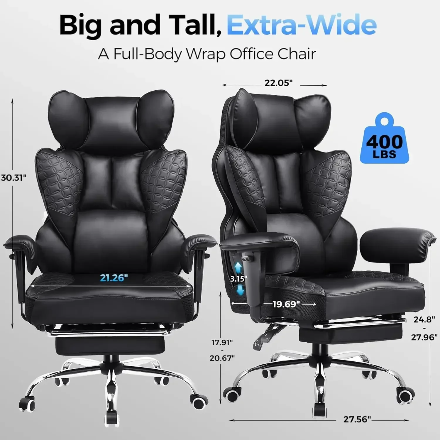Big and Tall Office Chair 400LBS Heavy Duty Gaming Chair with Deluxe Embossing Leather High Back Wider Ergonomic Computer Chair