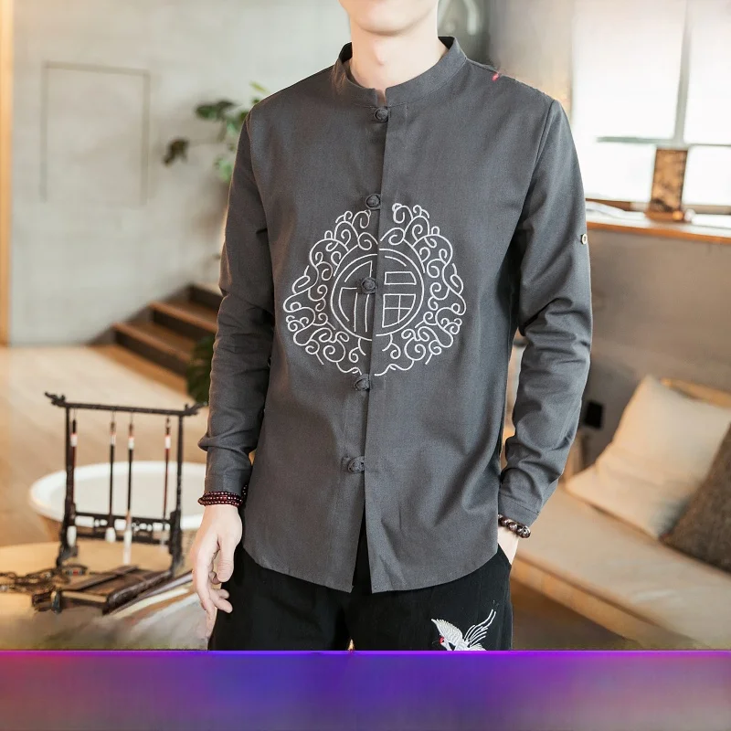 

Chinese Style Long Sleeve Shirt Massage Therapist Work Uniform Men's Foot Bath Salon Spa Technician Clothing Loose Fit Embroi...